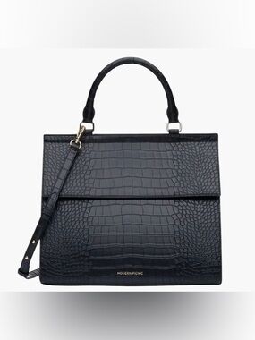 Modern Picnic Black Croc-Embossed Top Handle Satchel
